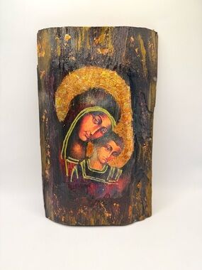 Hand-Painted Religious Icon on Wood Panel Madonna & Child with Gold Halo 10”